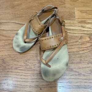Lauren Ralph Lauren‎ Size 8.5 Leather Gold Studded Ankle Strap Sandals Thong